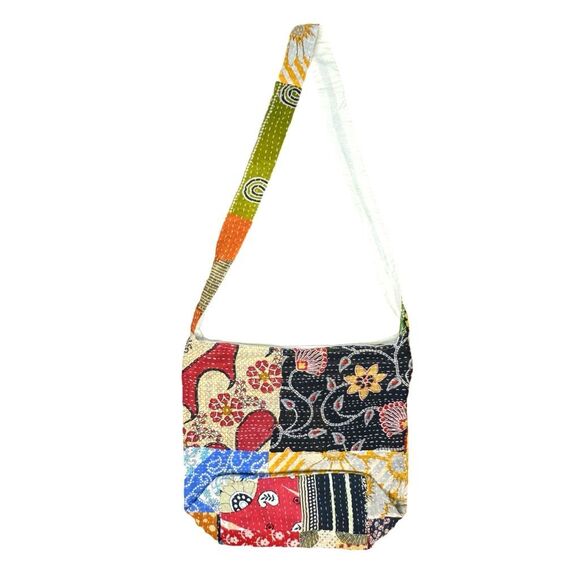 Kantha Patchwork Crossbody Hobo Shoulder Bag - 14” x 10” x 5” - Picture 5 of 6